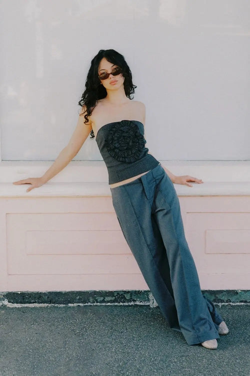 AUDREY ROSETTE BUSTIER | BLACK AND GREY PINSTRIPE