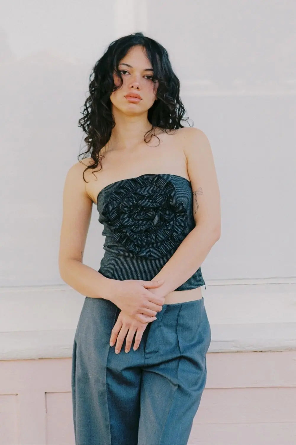 AUDREY ROSETTE BUSTIER | BLACK AND GREY PINSTRIPE