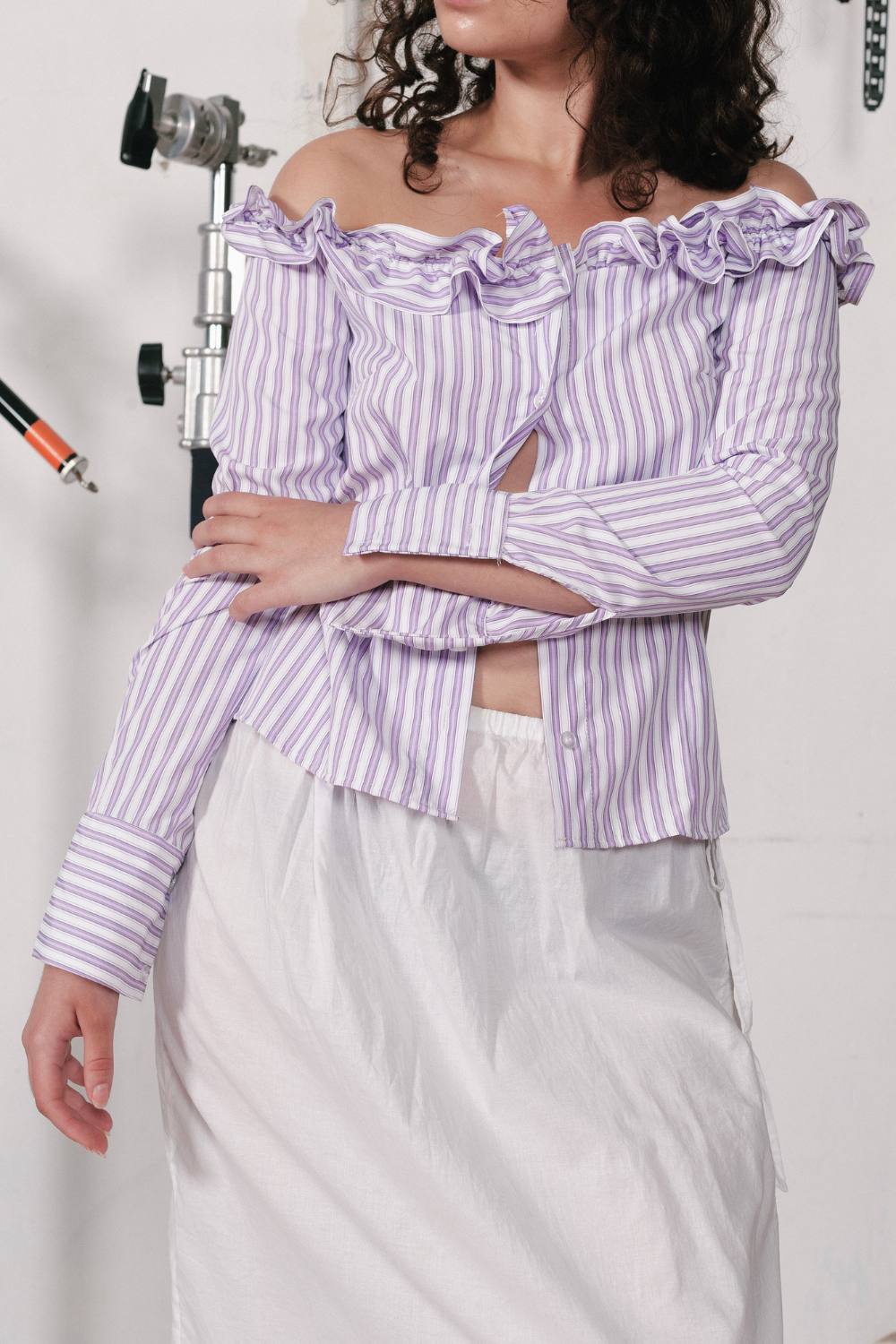 JESSIE RUFFLE SHIRT | PURPLE PINSTRIPE