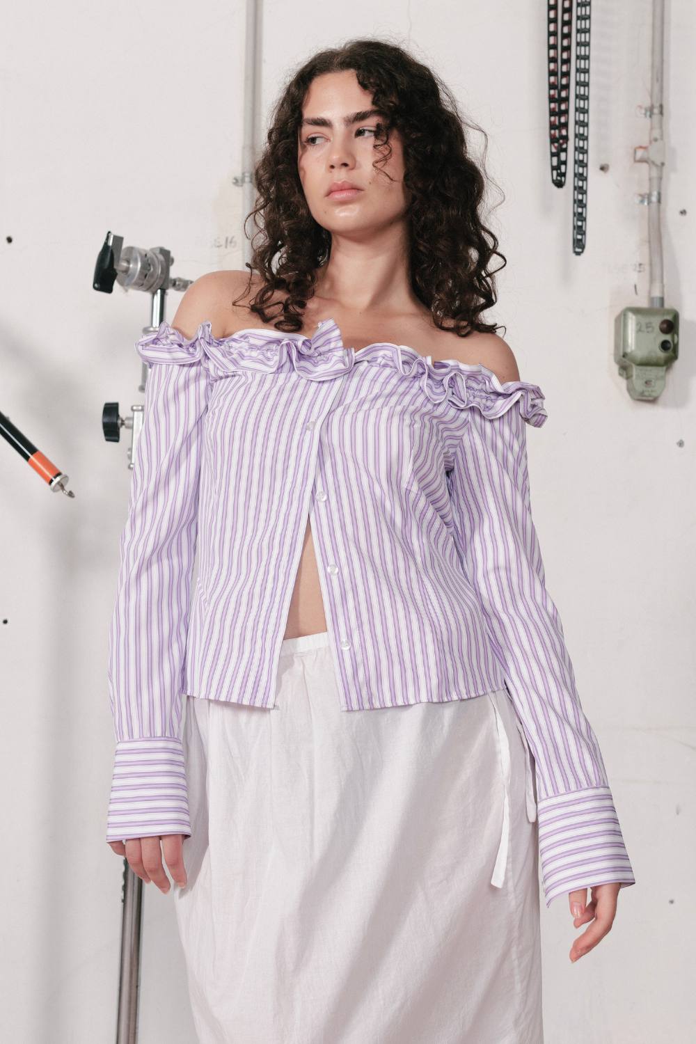 JESSIE RUFFLE SHIRT | PURPLE PINSTRIPE