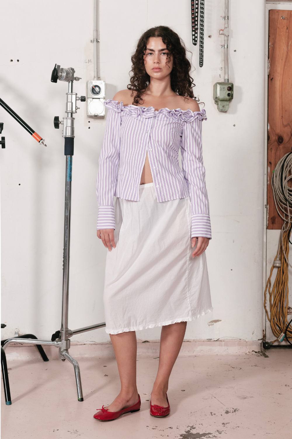 JESSIE RUFFLE SHIRT | PURPLE PINSTRIPE