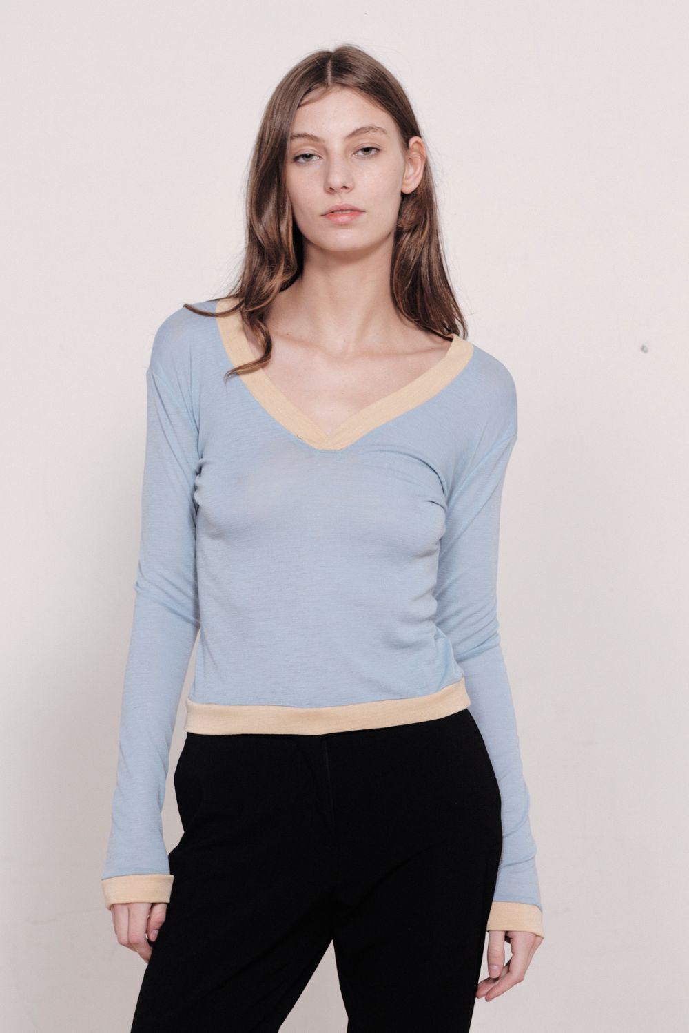 GOLDIE V NECK | BABY BLUE AND LEMON